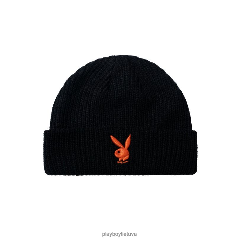 Triušio galvos megzta beanie juodas su oranžiniu zuikučiu Playboy vyrų priedas 64RVB761